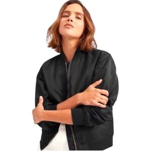 Women’s Everlane Black Nylon Flight Bomber Jacket Snap Pockets Knit Trim Size XL